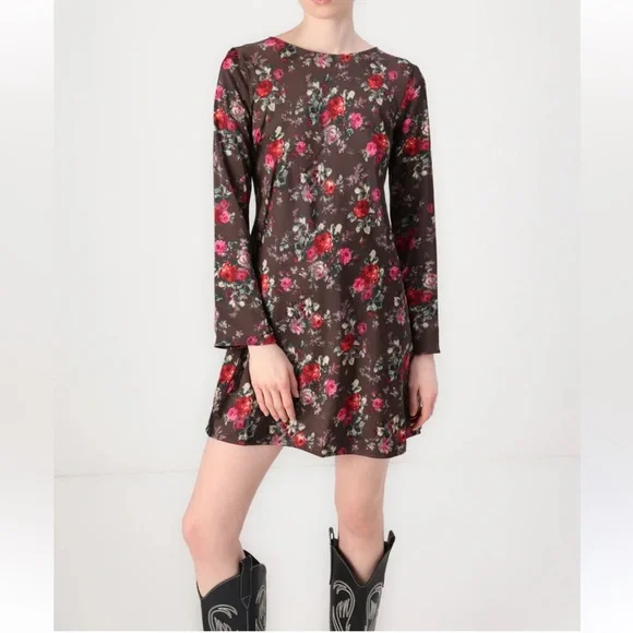GAP Womens Satin Floral Long Sleeve Dress - Brown with Pink & Red Roses Size S - Picture 8 of 10